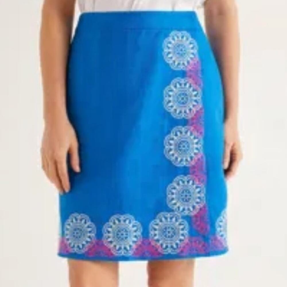 Boden Anville Embroidered Wrap Skirt Womens Size 14 Blue Retro Career XL
